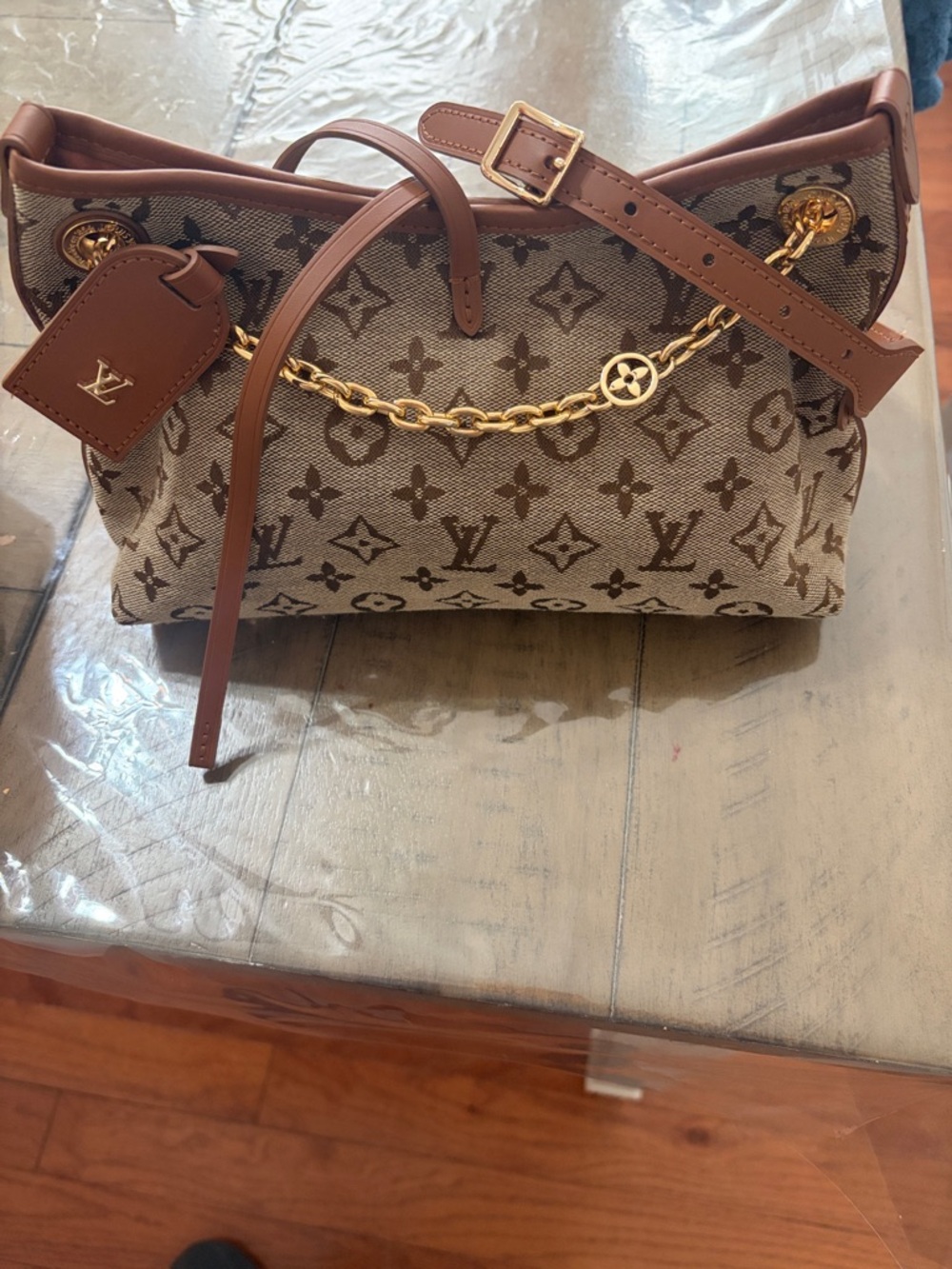 Designer inspired  Beige Monogram Canvas Shoulder Bag with Brown Leather Trim